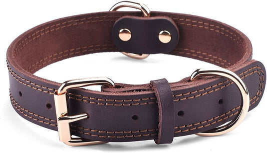 Leather Dog Collar, Heavy Duty Wide Dog Collar for Small,Medium,Large and Extra Large Dogs (M: 1" Wide for 15.2"-19.2" Neck, Dual Stitch - Brown)