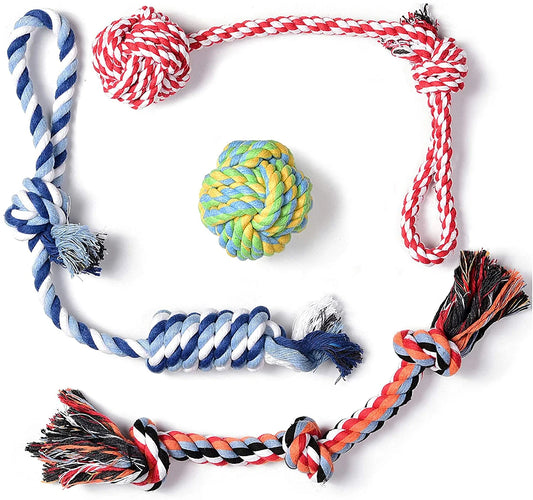 Dog Rope Toys 4 Pack, Sturdy Cotton Chew Tug Ropes Indoor/Outdoor, Exercise Interactive Tug of War Toys Set for Boredom Small-Meidum Dogs