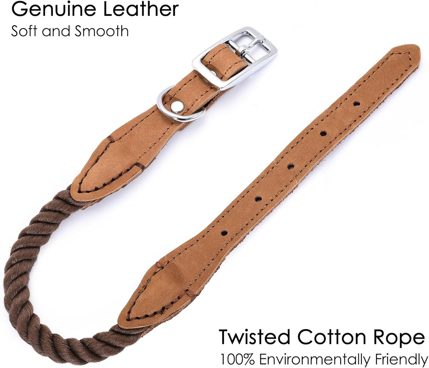 Rope Dog Collar | Durable Braided Cotton Rope Collars | Genuine Leather Dog Collar W Metal Pin Buckle | Classic Puppy Collars for Medium Dog (Dark Brown)