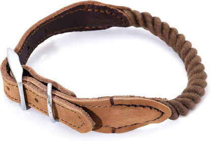 Rope Dog Collar | Durable Braided Cotton Rope Collars | Genuine Leather Dog Collar W Metal Pin Buckle | Classic Puppy Collars for Medium Dog (Dark Brown)