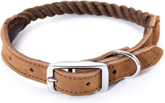 Rope Dog Collar | Durable Braided Cotton Rope Collars | Genuine Leather Dog Collar W Metal Pin Buckle | Classic Puppy Collars for Medium Dog (Dark Brown)