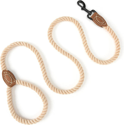 Dog Leash, Braided Cotton Rope Leashes with Leather Tip - Heavy Duty Metal Clasp, 6FT, 1/2" Thick - Wedding, Walking & Training Leash for Small Medium Large Dogs (Light Brown)
