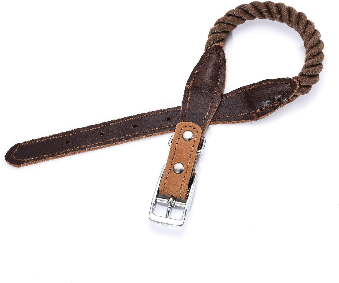 Rope Dog Collar | Durable Braided Cotton Rope Collars | Genuine Leather Dog Collar W Metal Pin Buckle | Classic Puppy Collars for Medium Dog (Dark Brown)