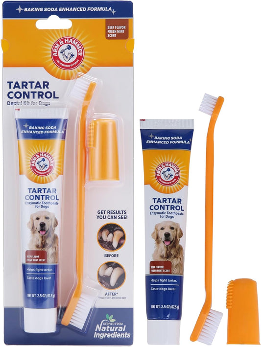 for Pets Tartar Control Dog Dental Kit, Enzymatic Toothpaste with Toothbrush and Fingerbrush, Baking Soda Formula Reduces Plaque and Tartar, Safe for Puppies, Beef Flavor, 3-Piece